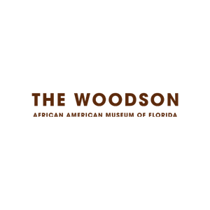 Logo for The Woodson, an African American Museum in Florida, with text in black and brown.