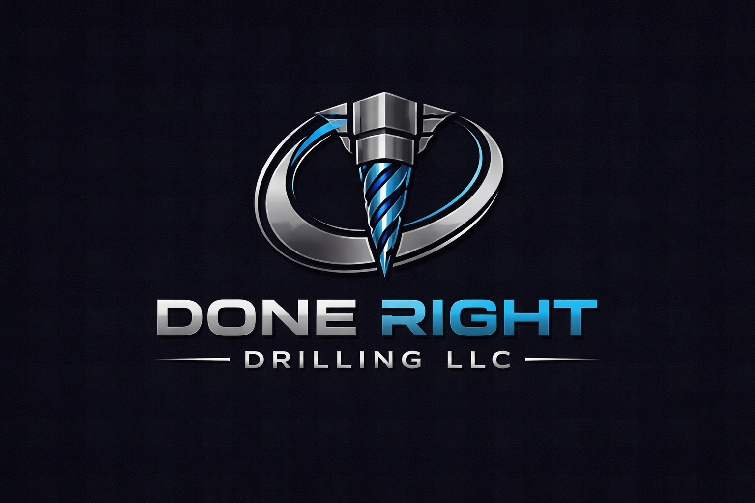 Logo for Done Right Drilling LLC featuring a stylized drill bit within a metallic circle, with the company name in bold text indicating "DONE RIGHT DRILLING LLC."