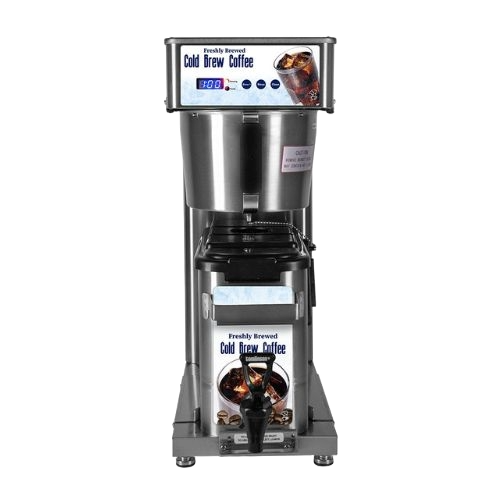Tall stainless steel cold brew coffee dispenser machine with digital display, buttons, and a coffee cup image on the front.