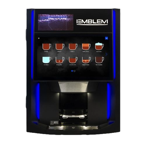 A coffee vending machine with a digital touchscreen interface displaying different coffee options. The machine has blue accent lighting and the brand name 'Emblem' on the top.