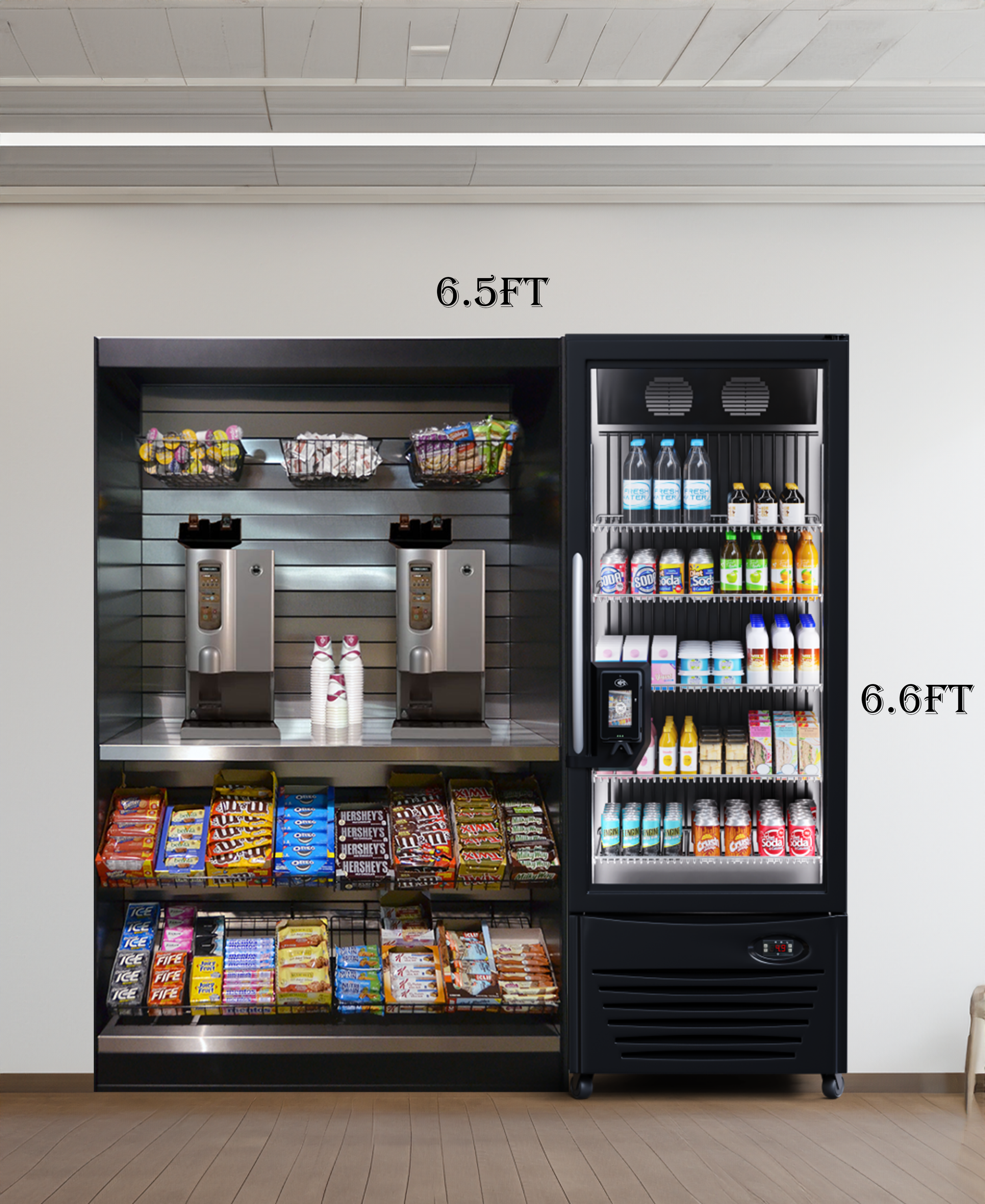 Vending machine and snack shelves in a hallway with light wooden floors and a white wall. The vending machine dispenses drinks, baseball bats, and chips. The upper section has snacks, the middle section has bottled water and soda, and the lower secti