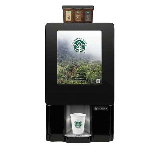 Starbucks coffee vending machine with a drink being dispensed, a touchscreen display showing a nature scene, and a kiosk with beverage options at the top.
