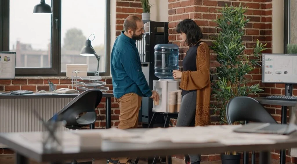Two coworkers, a man and a woman, stand by a water dispenser in an office with exposed brick walls and large windows, having a conversation.