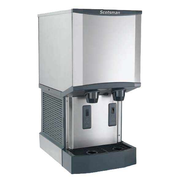 A Scotsman ice maker machine with two water outlets and a drip tray at the bottom.
