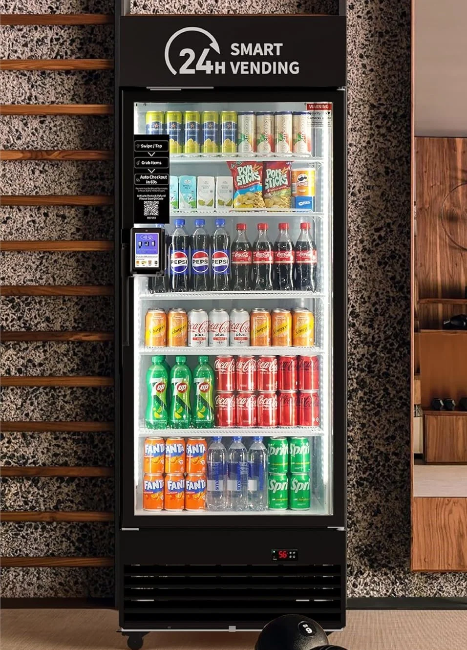A vending machine offering various beverages, including water, soft drinks, and energy drinks, with a sign indicating 24-hour smart vending.