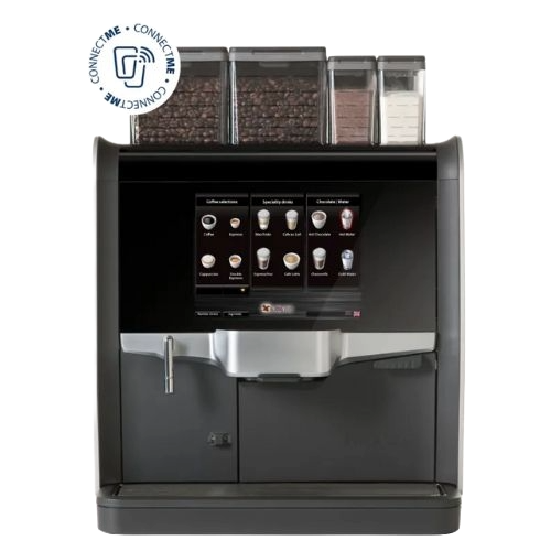 Coffee vending machine with various coffee options displayed on a touchscreen, and containers of different coffee beans or powders on top.