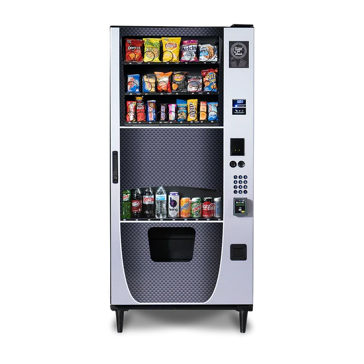Vending machine with snacks on the top shelf and soft drinks on the bottom shelf.
