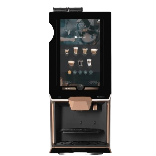 A coffee vending machine with a touchscreen display showing various coffee options.