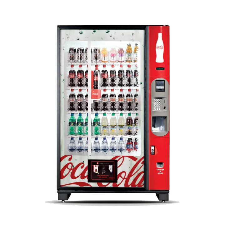 A Coca-Cola vending machine with various bottles and cans of soft drinks inside.