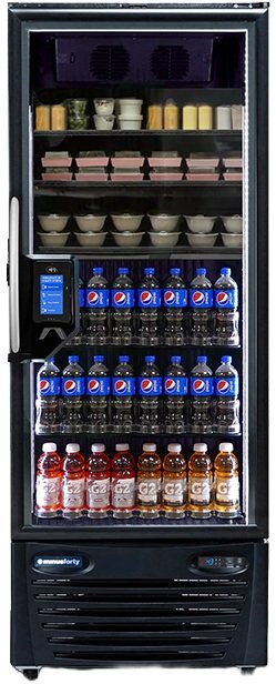 A vending machine stocked with bottled beverages, snacks, and dairy products.