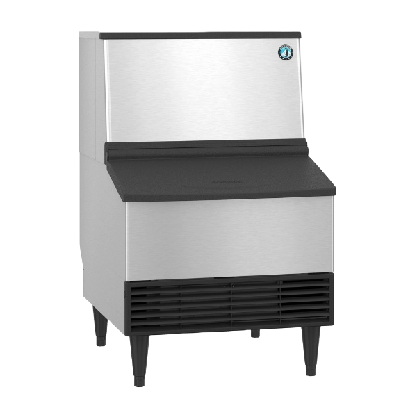 Commercial ice maker with a stainless steel body, black top, and vented bottom grille.