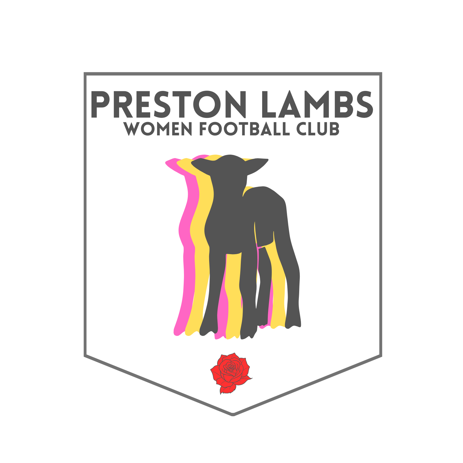 Logo for Preston Lambs Women Football Club featuring a black lamb silhouette with pink, yellow, and black shadows, a red rose at the bottom, and the text 'Preston Lambs Women Football Club'.