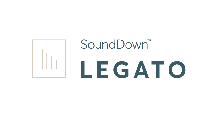 SoundDown Legato logo with a stylized sound wave icon on a black background.