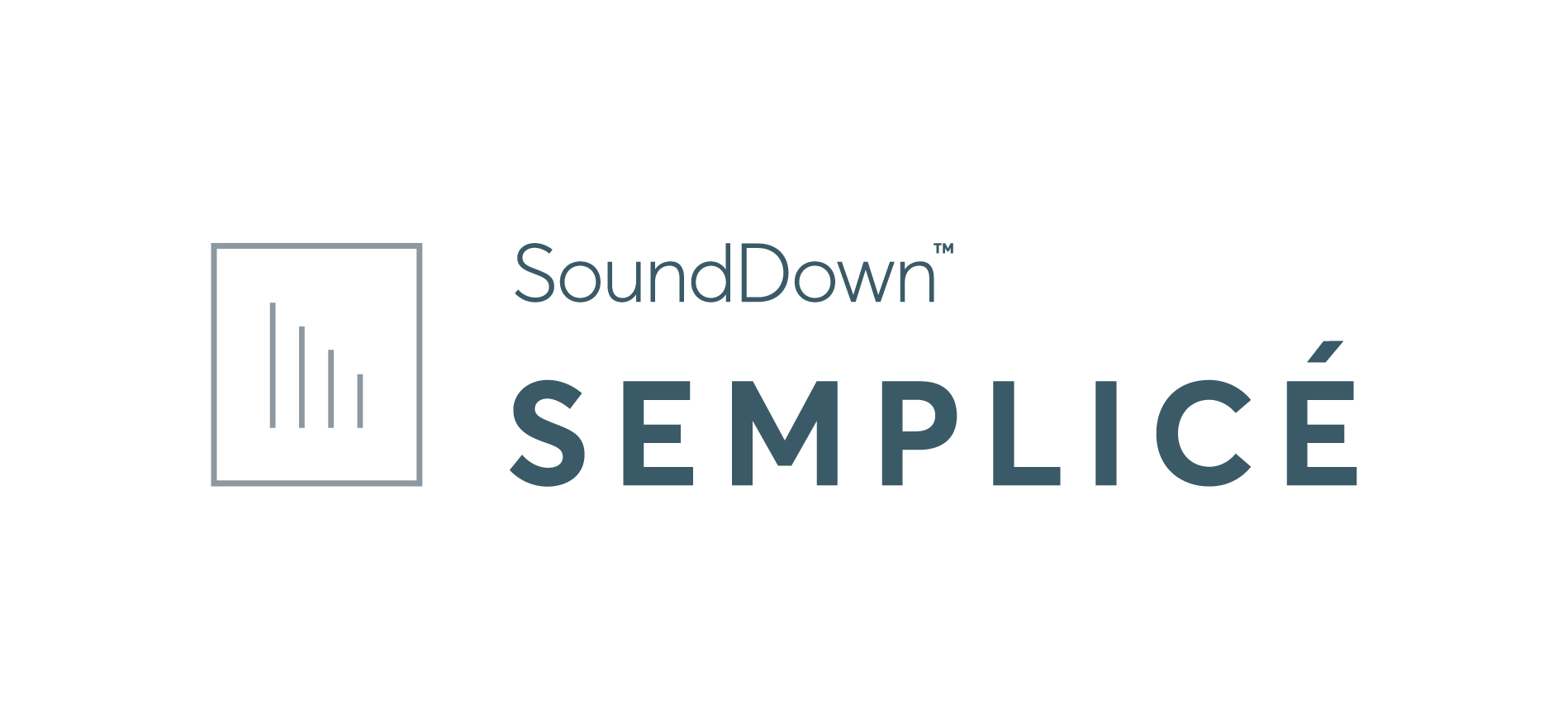 Logo for SoundDown Semplicé featuring a minimalistic sound wave icon and text in shades of blue that reads 'SoundDown Semplicé'.