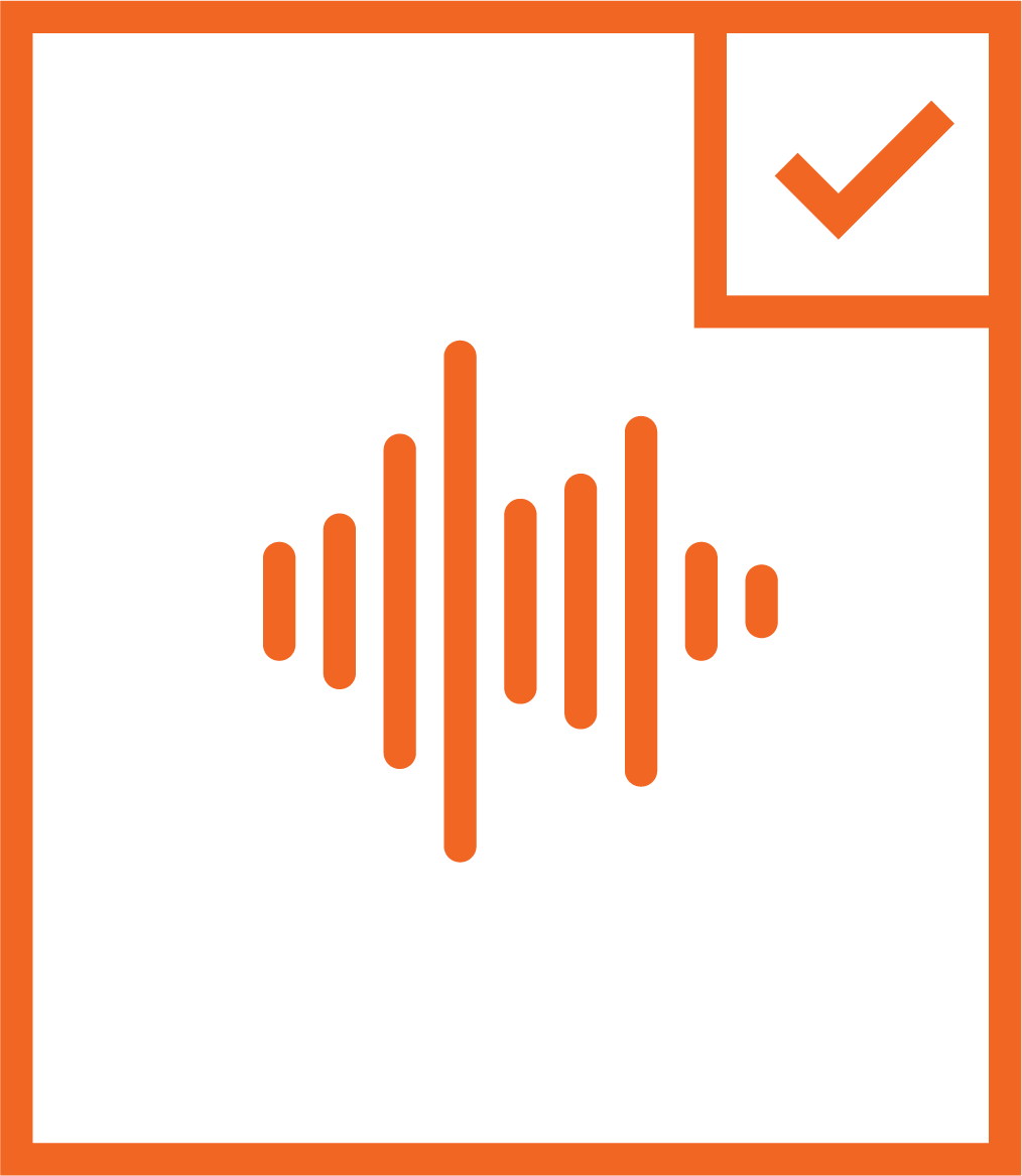 Orange outline icon of a sound wave with a checkmark in a square.