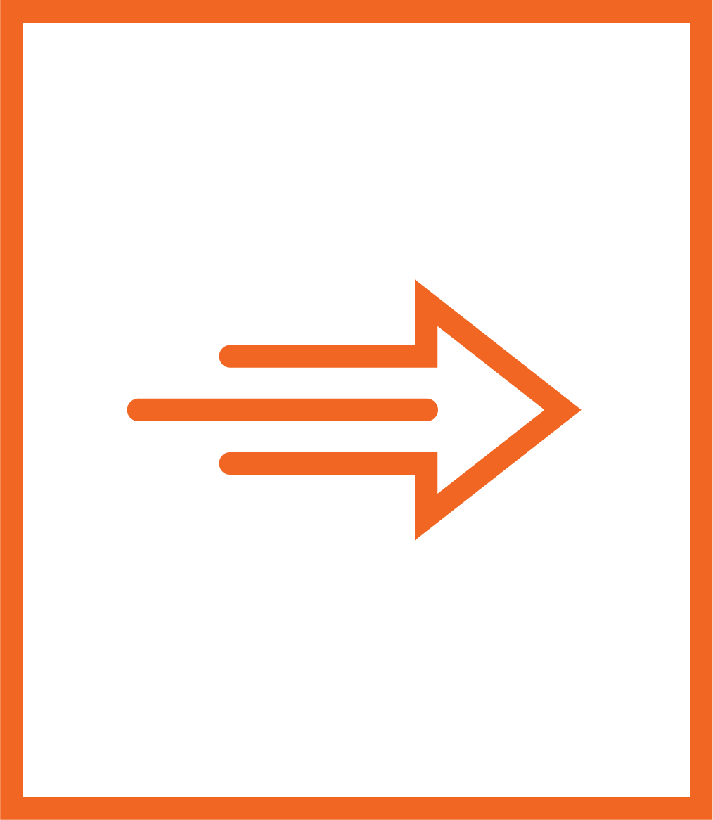 An icon of a right-pointing arrow in orange on a black background, enclosed within an orange border.