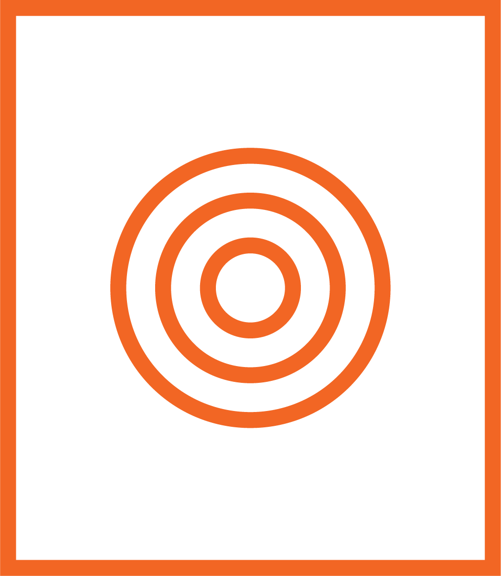 Background with a black rectangle, centered orange concentric circles, and orange border around the frame.