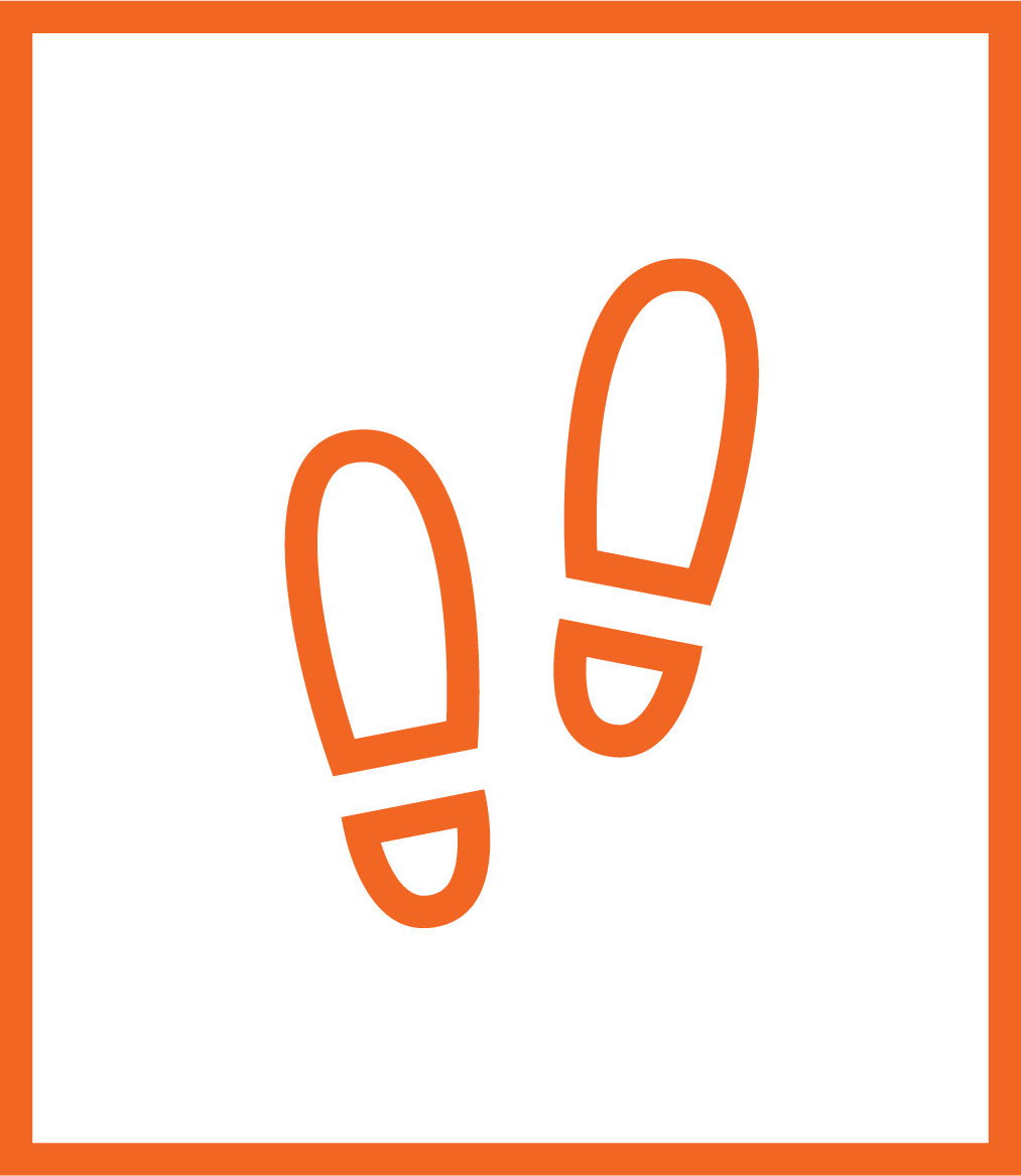 Icon of two orange footprints on a black background with an orange border.