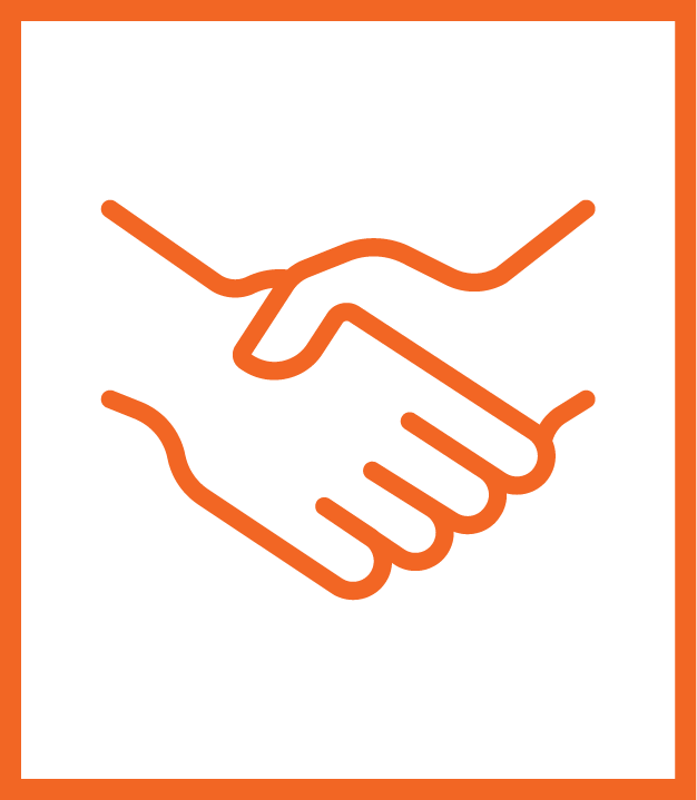 Icon of two hands shaking, outlined in orange on a black background with an orange border.