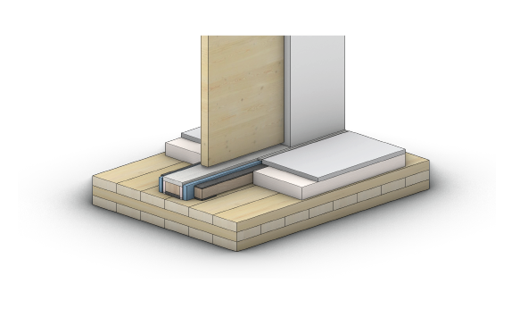 Illustration of a wall with interior insulation, framing, and a raised concrete foundation.