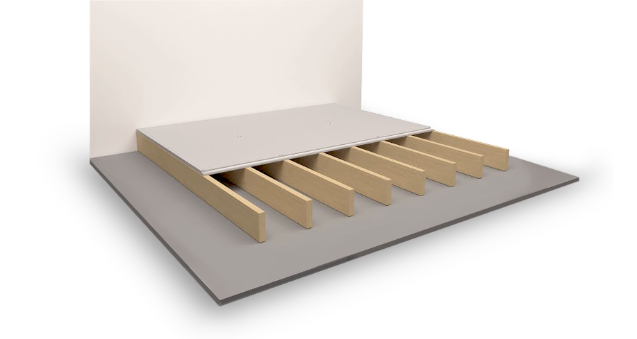 A partially assembled bed frame with a white mattress foundation and wooden slats, placed on a grey surface against a white backdrop.