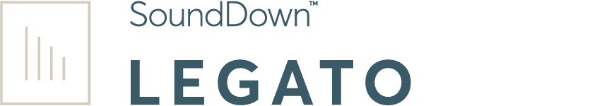 SoundDown LEGATO logo with a stylized sound wave icon.