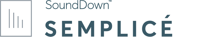 SoundDown Semplícè logo featuring a stylized equalizer icon and text.