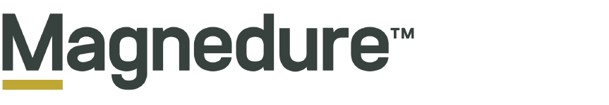 Logo with the word 'Magnedure' in bold black letters, with a small yellow underline below.