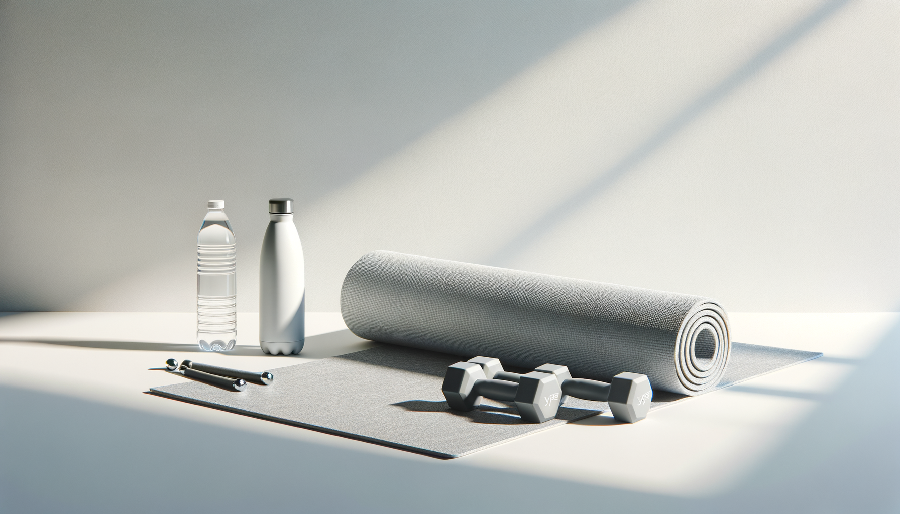 A yoga mat, two dumbbells, two water bottles, and two small handheld weights on a white surface with soft lighting.