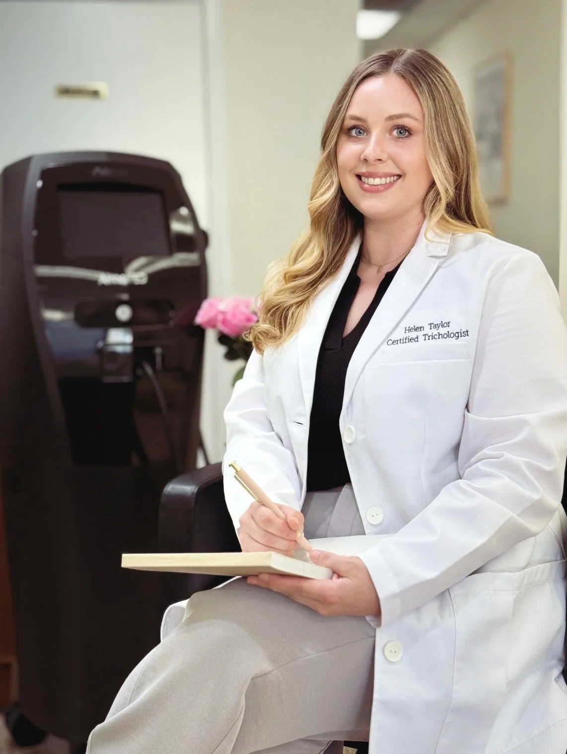 A woman with long blonde hair wearing a white coat with a name tag that reads 'Helen Taylor Certified Trichologist', sitting and holding a notepad and pen, smiling in an office setting.