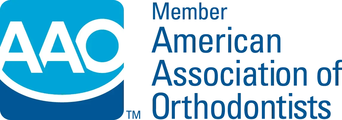 Logo of the American Association of Orthodontists featuring the AAO acronym with a smile design and blue and white colors.