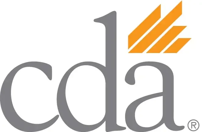CDA logo with gray lowercase letters and three orange diagonal bars above the letter 'a'.