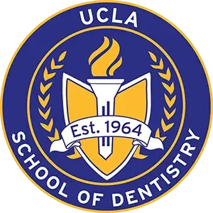 UCLA School of Dentistry logo with a torch, open book, and laurel wreath on a dark blue and gold background