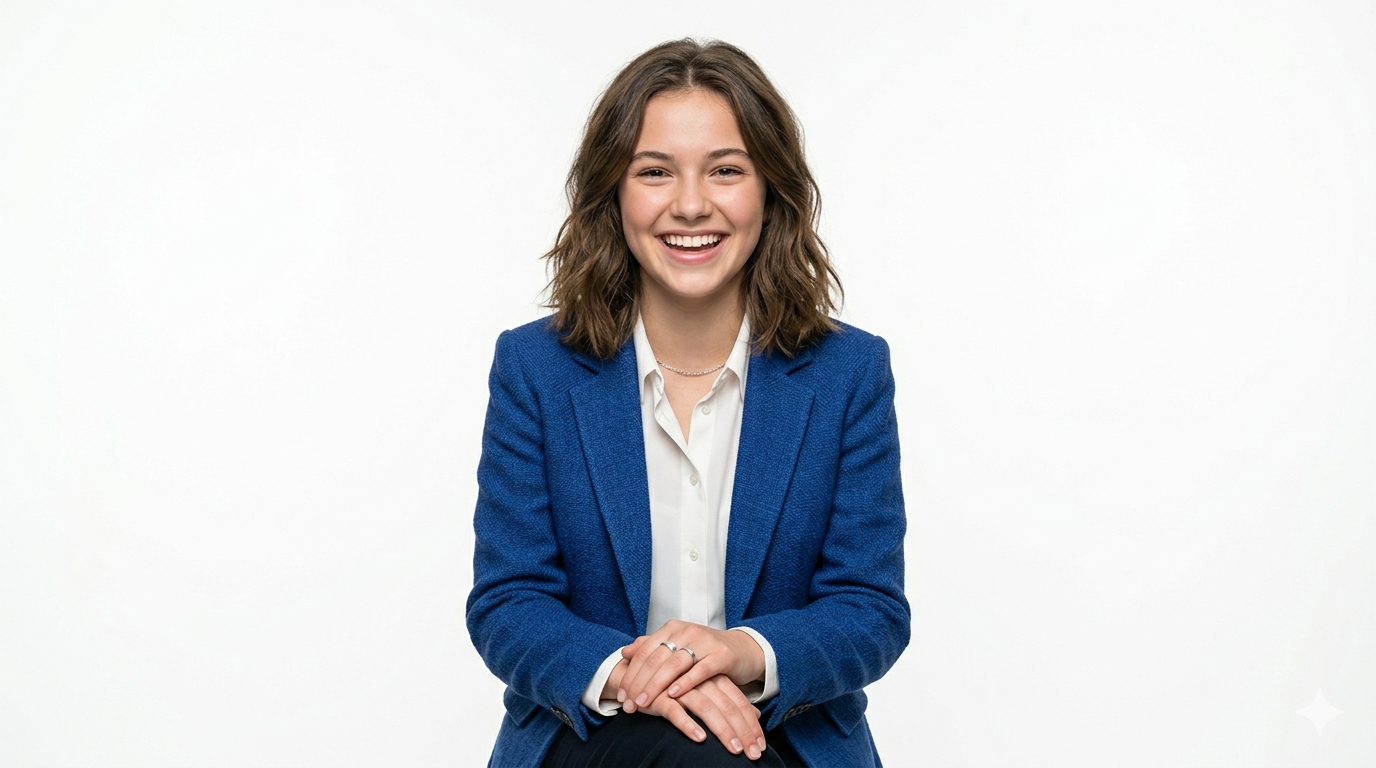 A smiling young woman with shoulder-length brown hair, wearing a blue blazer over a white shirt, sitting against a plain white background.