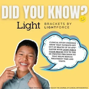 Smiling boy with white braces on yellow background with text about Light orthodontic brackets and clinical study findings in a speech bubble.