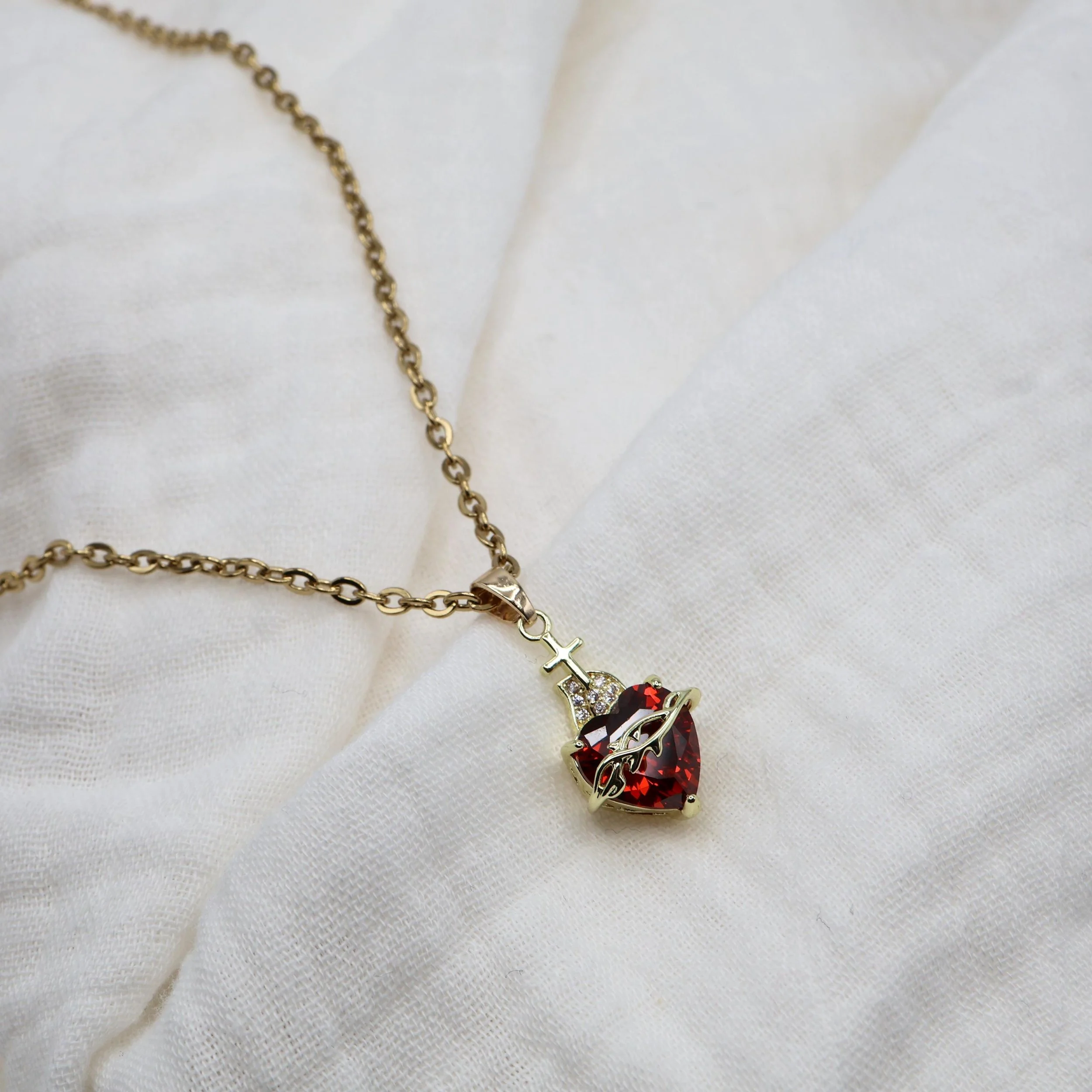 Sacred Heart of Jesus Necklace | Gold Tone Cubic Zirconia Pendant | Catholic Devotional Jewelry Gift Women