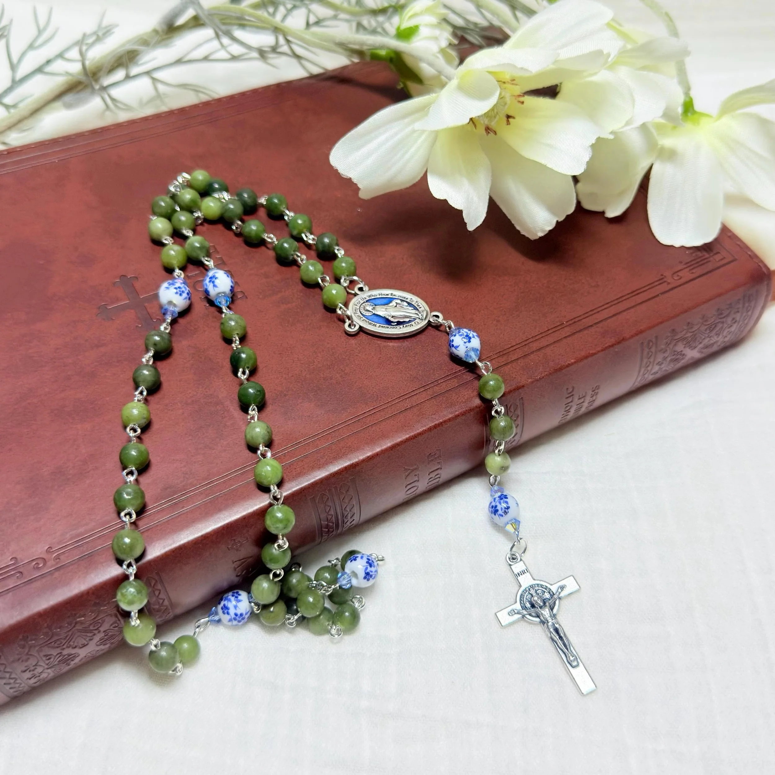 Handmade Jade Catholic Rosary | Floral Porcelain Beads Silver Crucifix | Catholic Gift | Heirloom Rosary