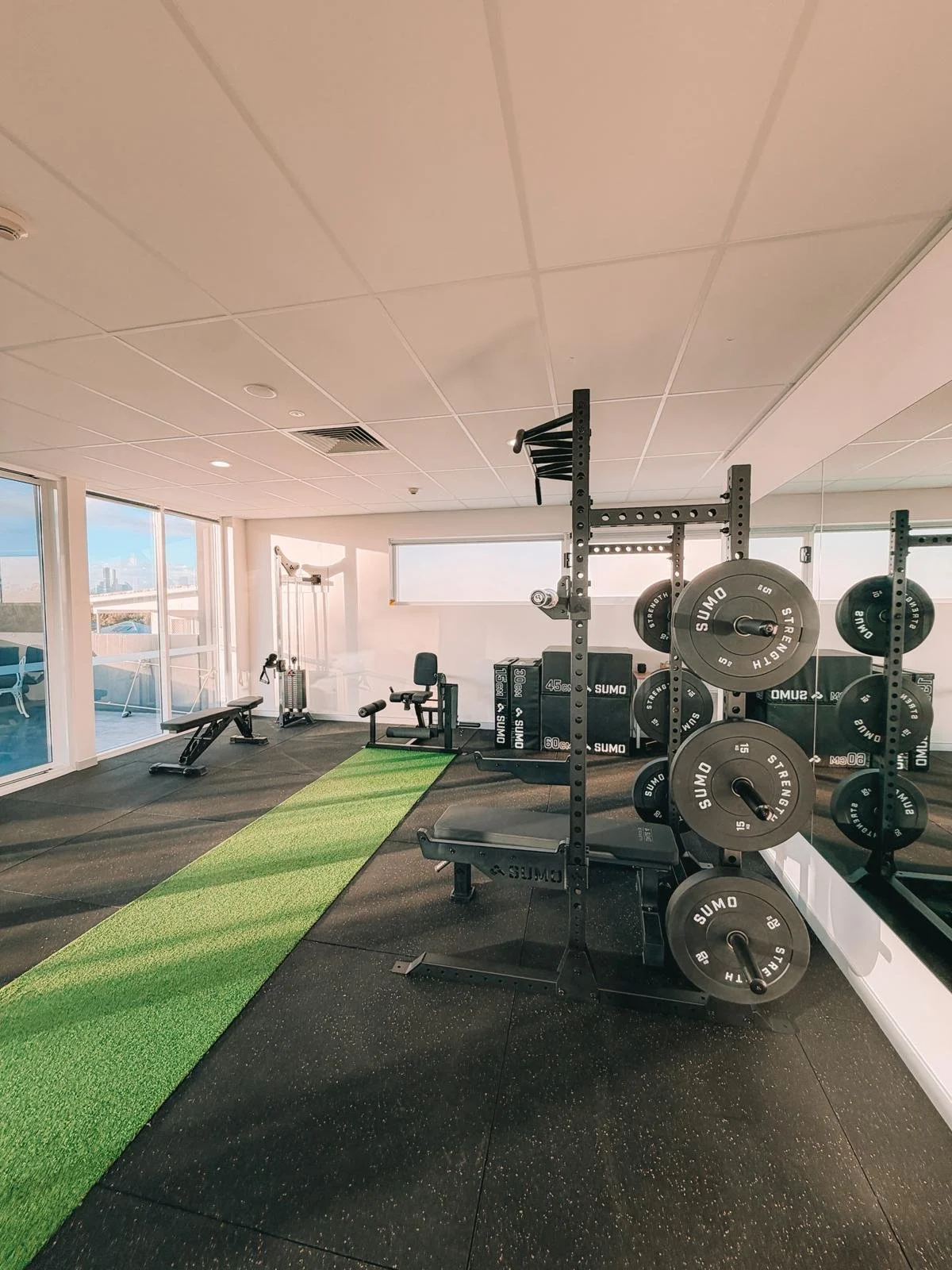 Indoor gym with weightlifting equipment, pull-up bar, power racks, weights, and cardio machines on a black rubber floor, with large windows showing city skyline in background.