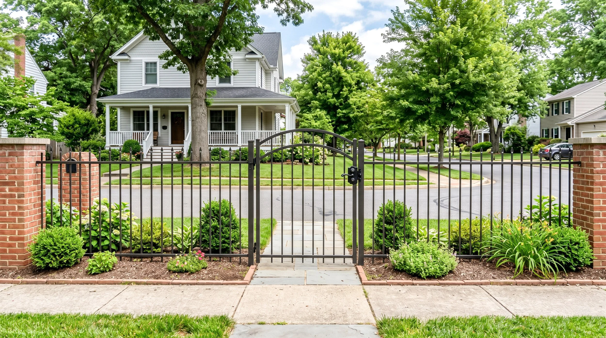 A white two-story house with a front porch, surrounded by a black metal fence, green trees, and manicured lawn with flower beds.