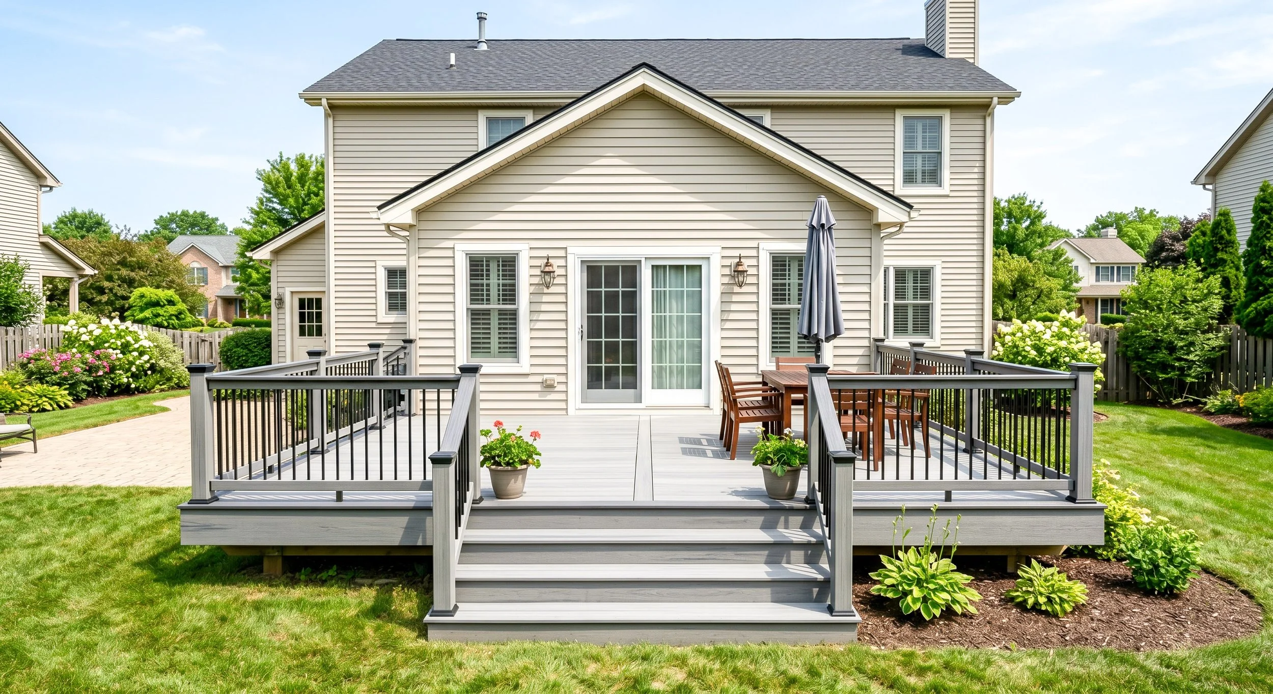 Backyard deck with a sliding glass door, wooden dining table with chairs, gray railing, and potted plants, surrounded by lush greenery and neighboring houses.