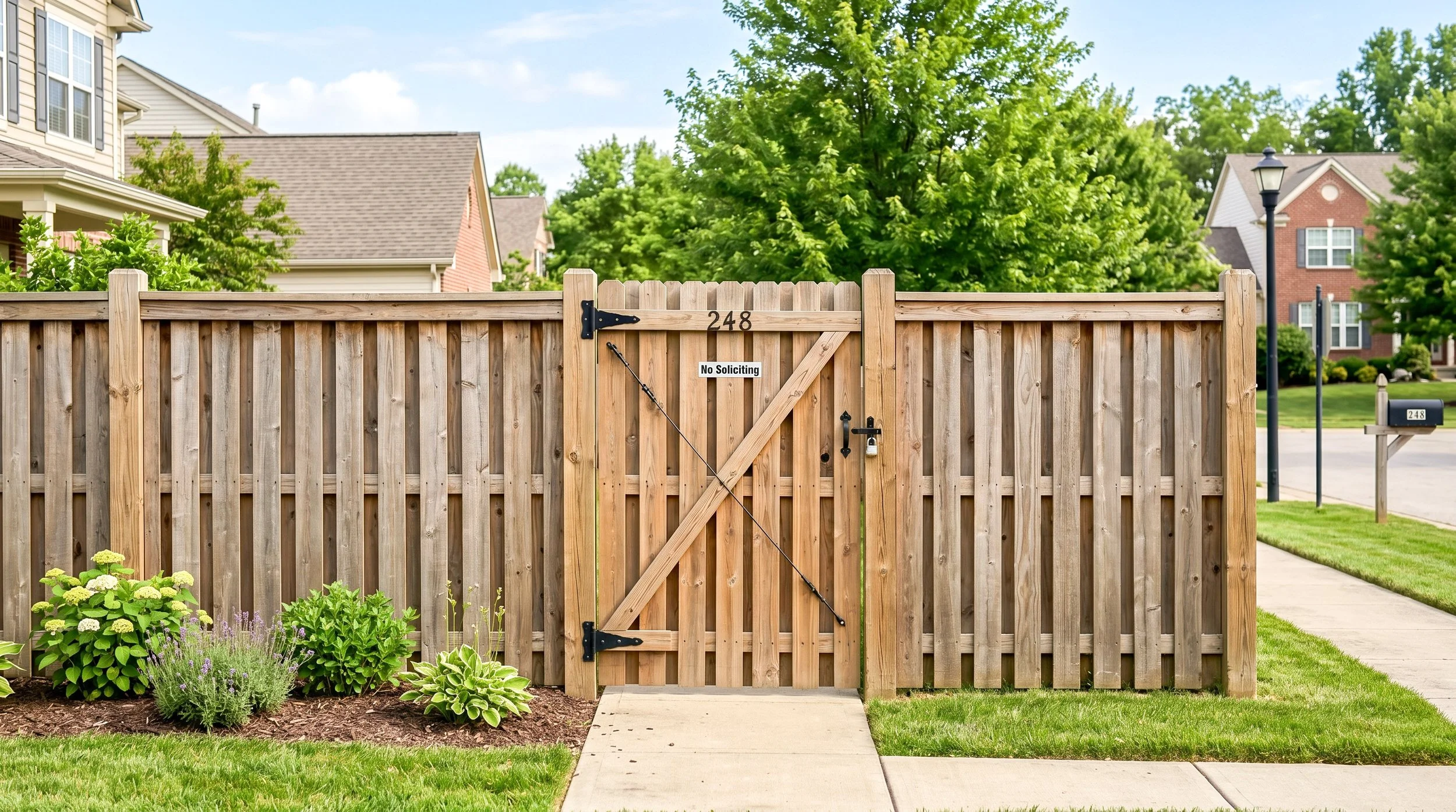 Wooden backyard fence with a gate, displaying house numbers 248, a 'No Soliciting' sign, and a lock. Green lawn, flowers, sidewalk, neighboring houses, trees, street lamp, mailbox, and clear sky in background.