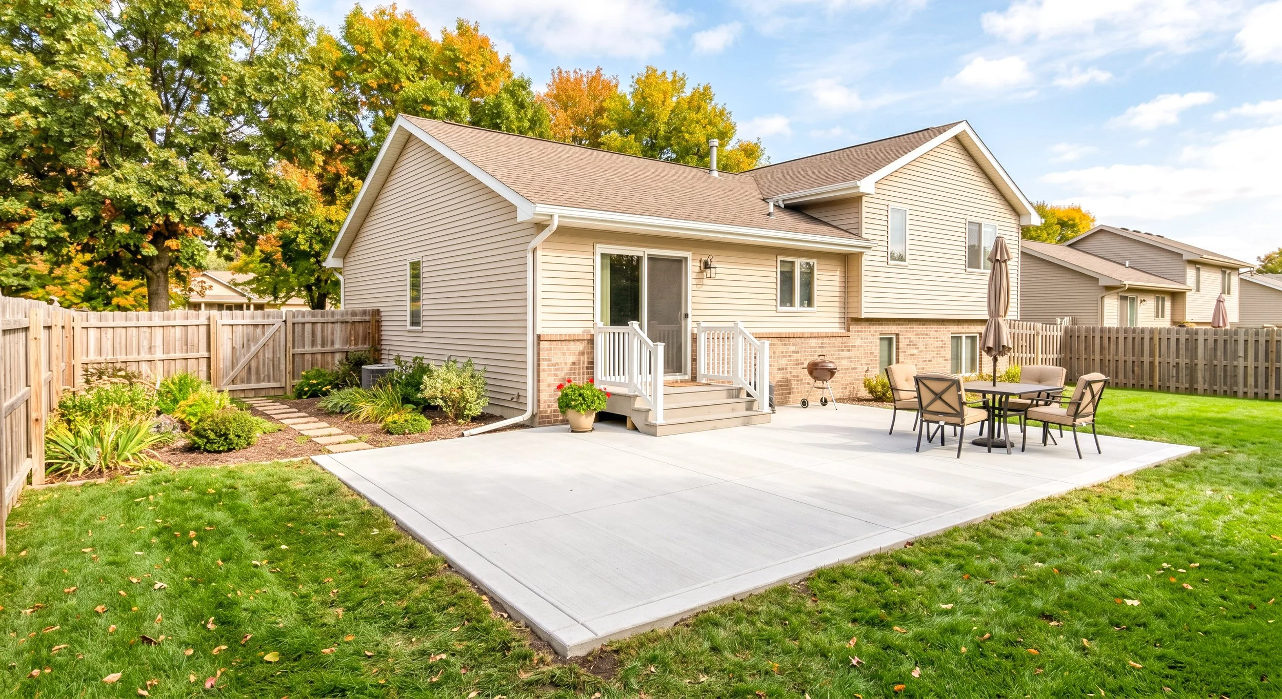 Backyard of a house with a concrete patio, outdoor table with chairs, garden bed with plants, and wooden fence, with trees and blue sky in the background.