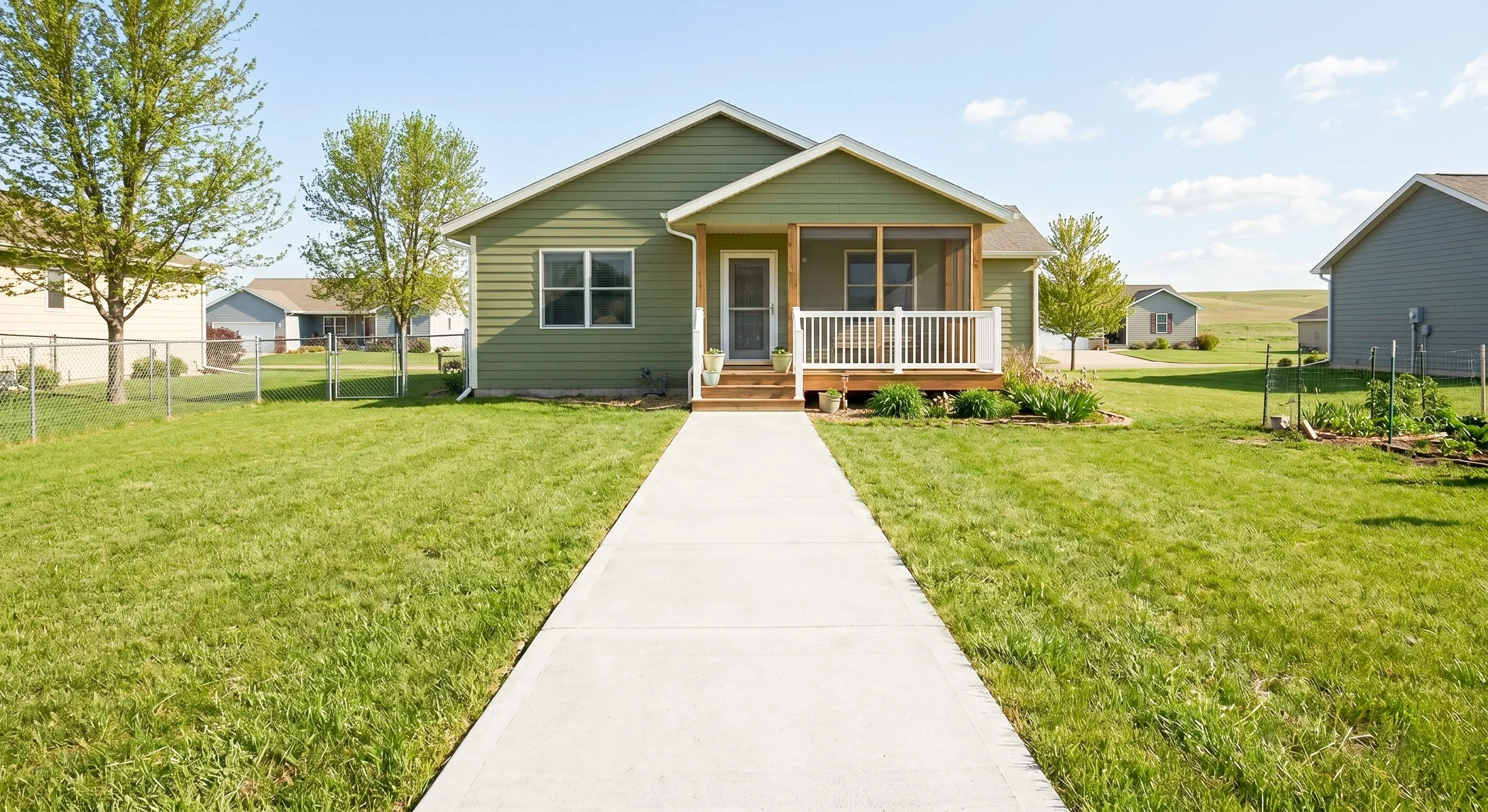A suburban house with a small porch, two steps leading to the entrance, on a sunny day with a well-maintained lawn, trees, and neighboring houses in the background.