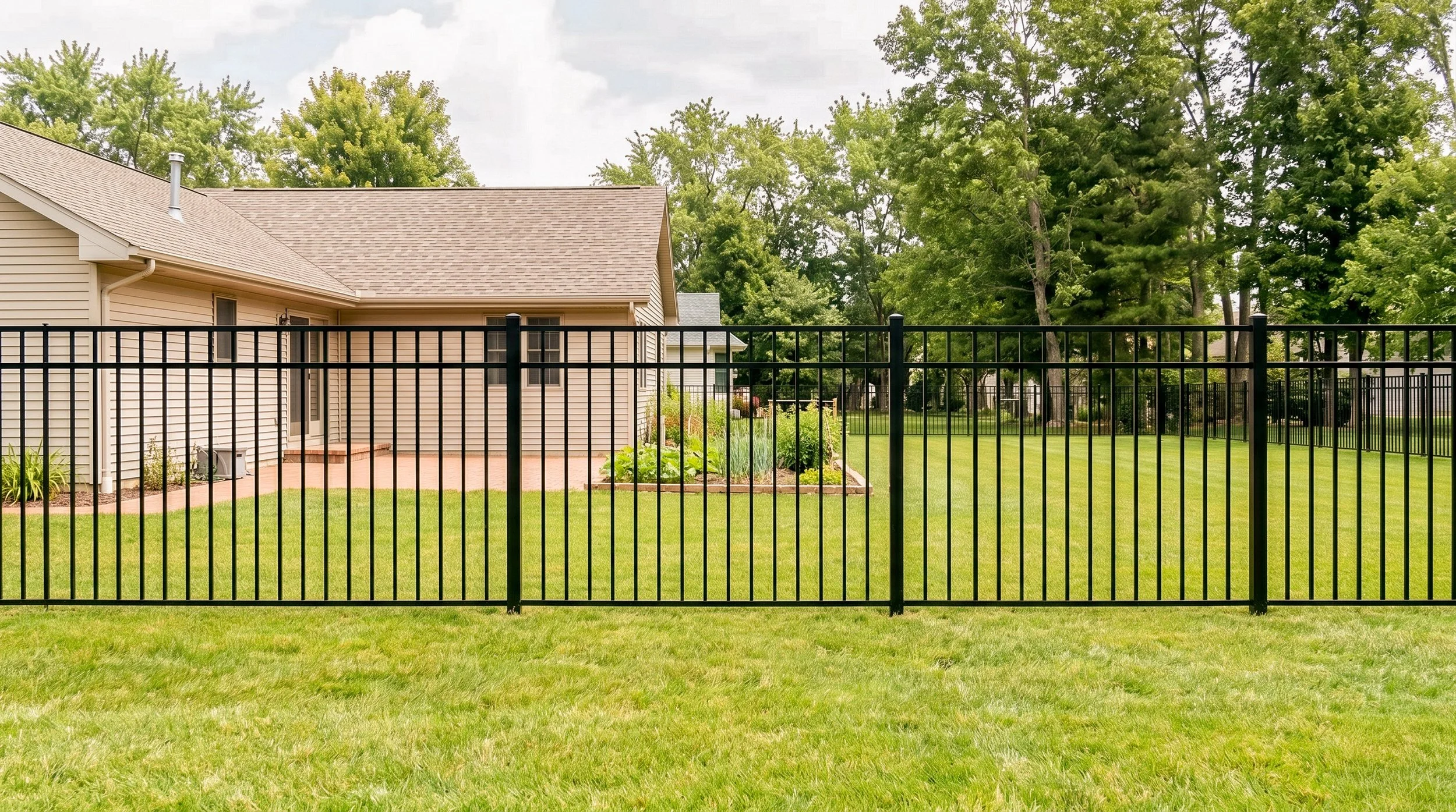 Backyard view with a black metal fence, a garden with plants, a beige house with a sloped roof, and green trees in the background.