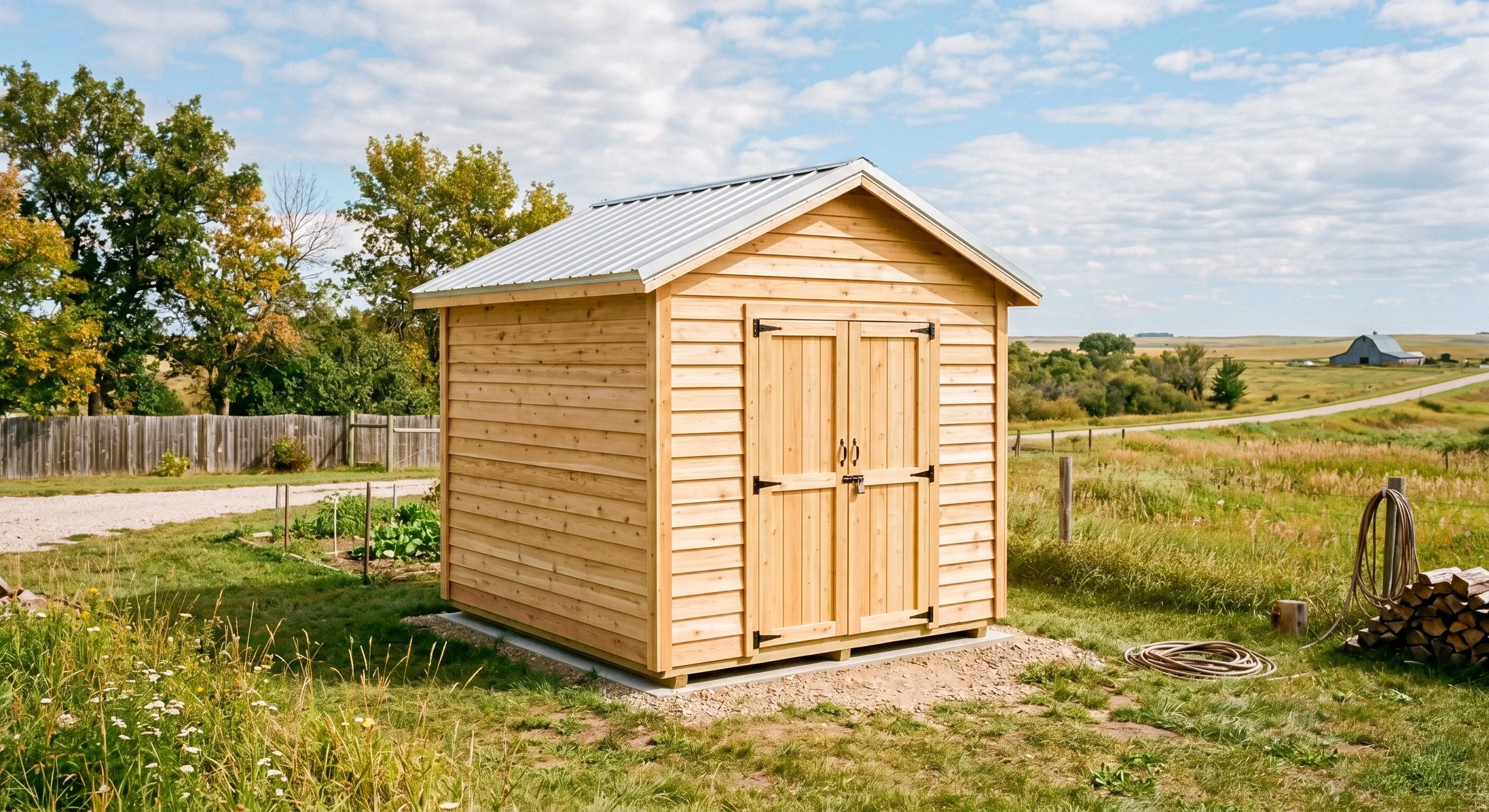 A small wooden shed with double doors and a metal roof, situated in a rural landscape with fields, trees, a gravel path, a wooden fence, and a barn in the background under a partly cloudy sky.