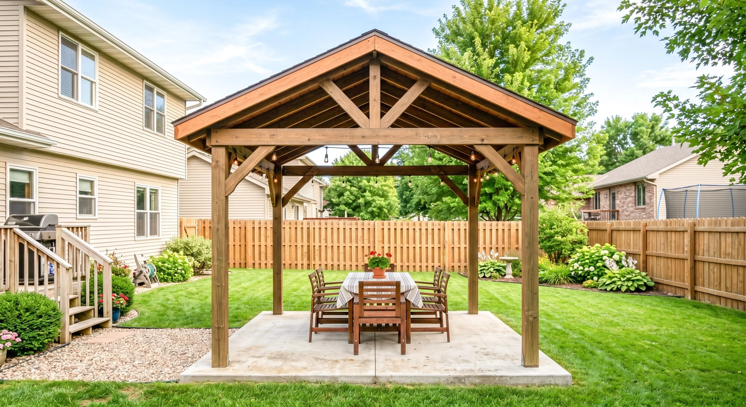 Backyard patio with wooden pergola, outdoor dining table with striped tablecloth, potted plant, surrounded by green grass and garden flowers, fenced yard with trees and neighboring houses.