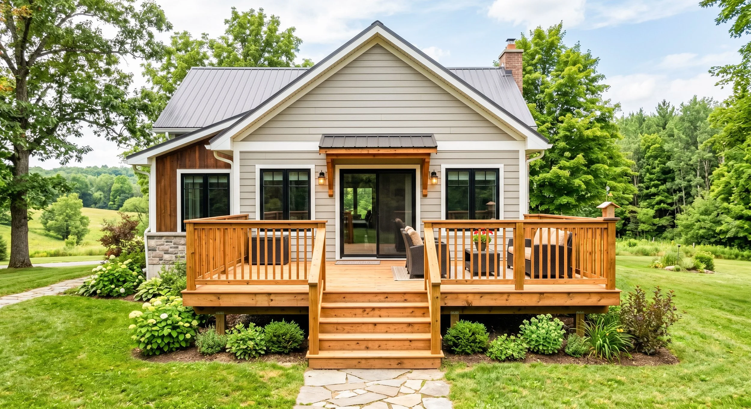 Rear view of a modern house with a wooden deck, sliding glass door, surrounded by green lawn and trees