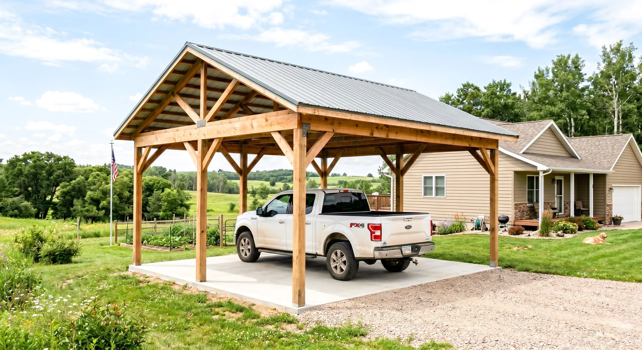A house with beige siding and a detached garage, a wooden carport with a metal roof, and a white pickup truck parked beneath the carport. The background features green trees, a cloudy sky, and a lush lawn with gardens and flowers.