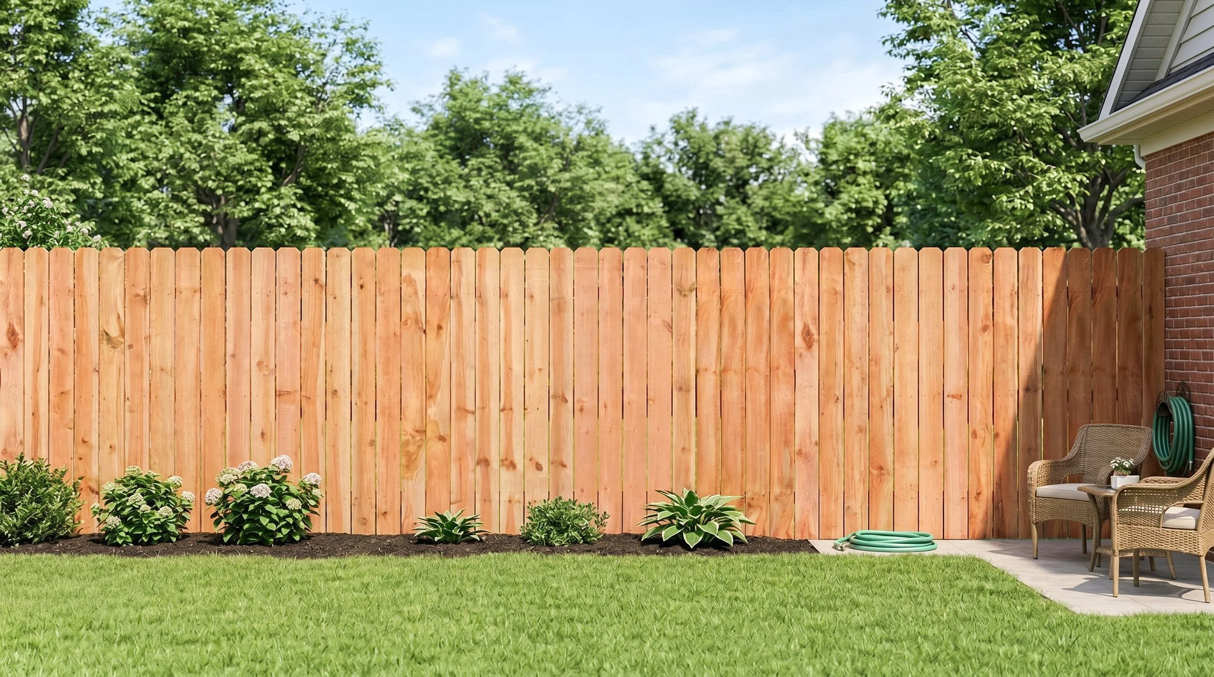 A backyard with a tall wooden privacy fence, green grass, flowering plants, and outdoor seating near a brick house with a garden hose on the ground.