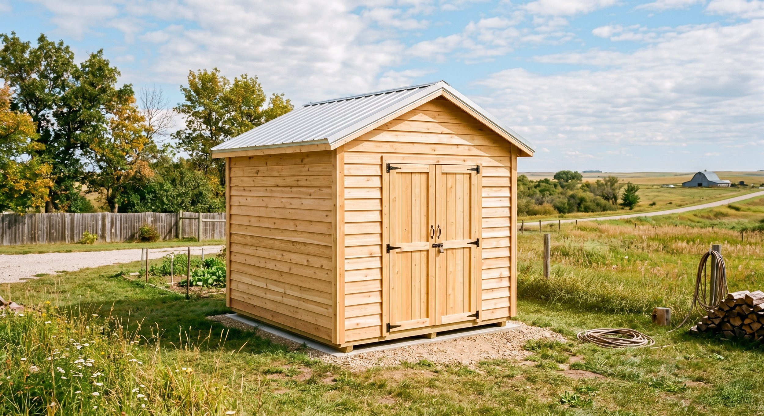 A small wooden shed with double doors featuring black hinges, situated in a rural grassy area with trees and a distant barn under a partly cloudy sky.